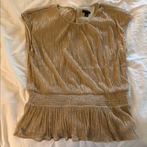Ann Taylor Shimmery Gold Pleated Cap Sleeve Peplum Top